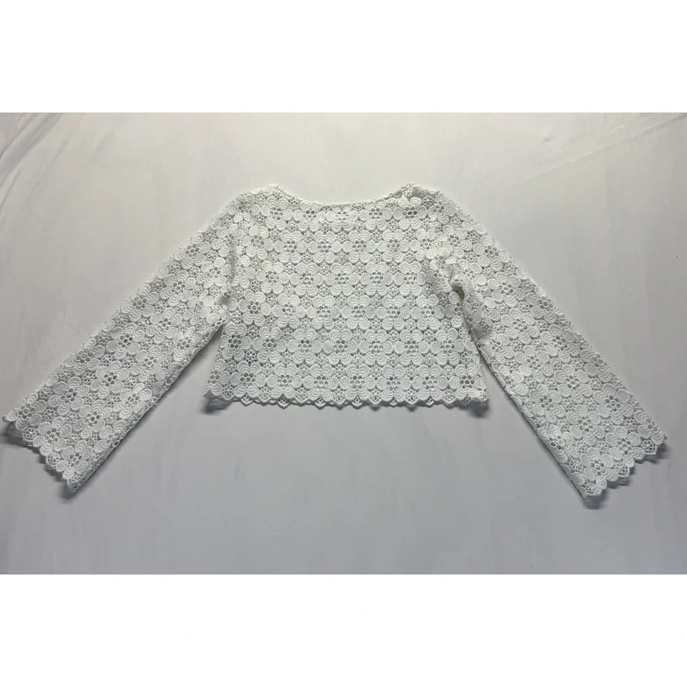 Zara Crochet Lace Blouse Top Womens 9 White Floral Round Neck Cropped Casual